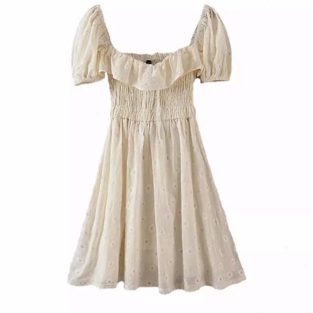 Ruffle Daisy Boho Floral Gypsy Dress Tan - Picture 3 of 6